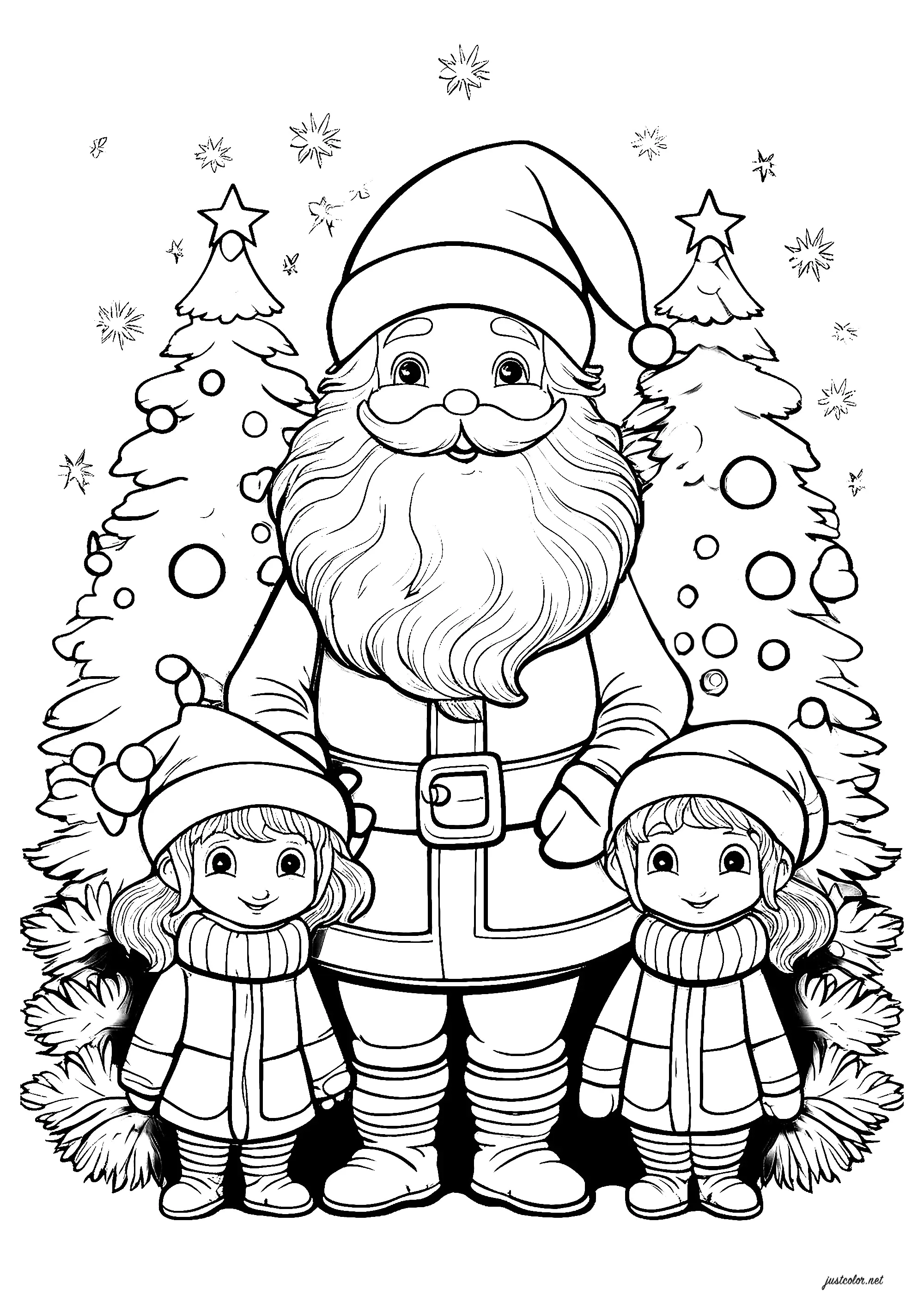 Santa Claus with two children and Christmas trees (Printable Coloring Page for Kids)