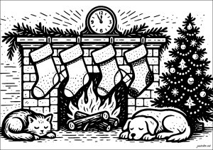 Festive warmth by the fireside (Christmas Coloring Page)
