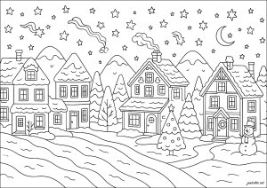 A magical Christmas village under a starry sky (Coloring Page)