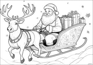 Santa in his sleigh in the sky (Christmas Coloring Page)