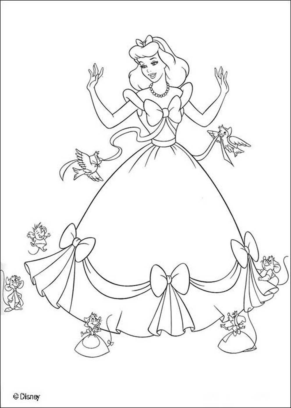 Beautiful picture of Cinderella to color with her little mice