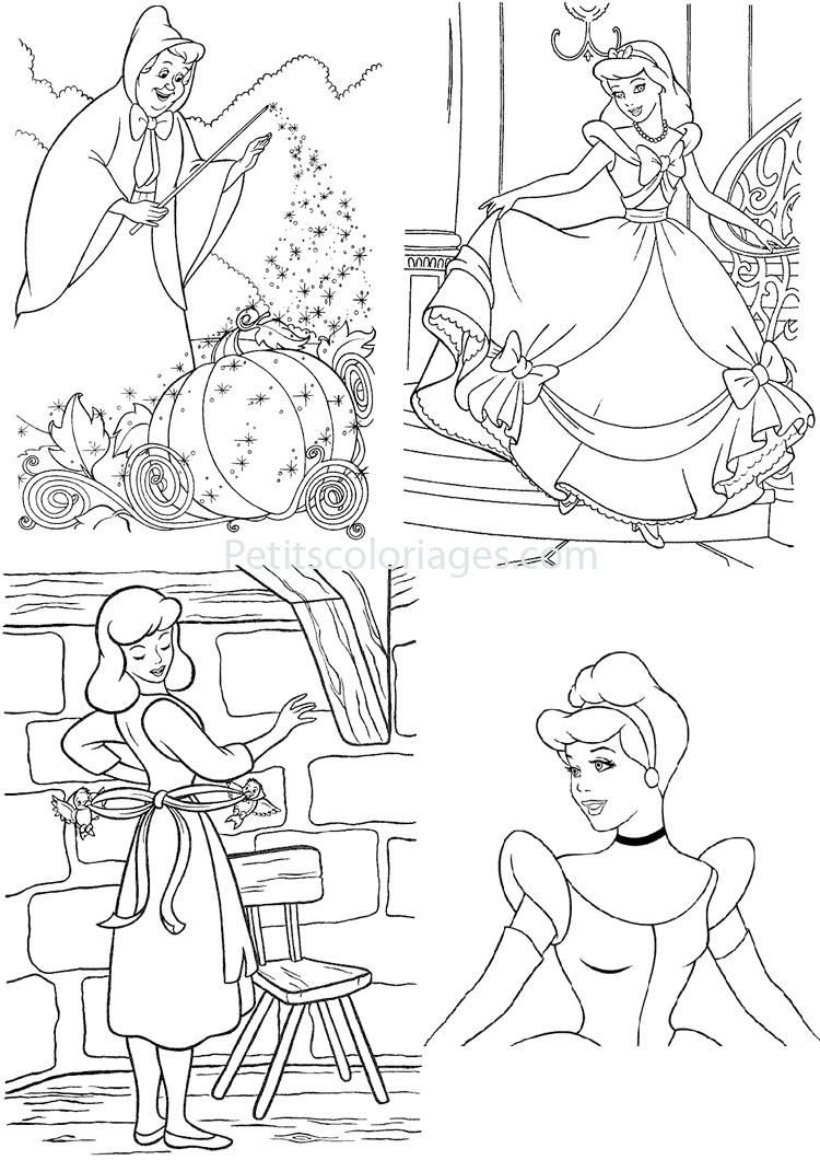 4 coloring pages of Cinderella in one image