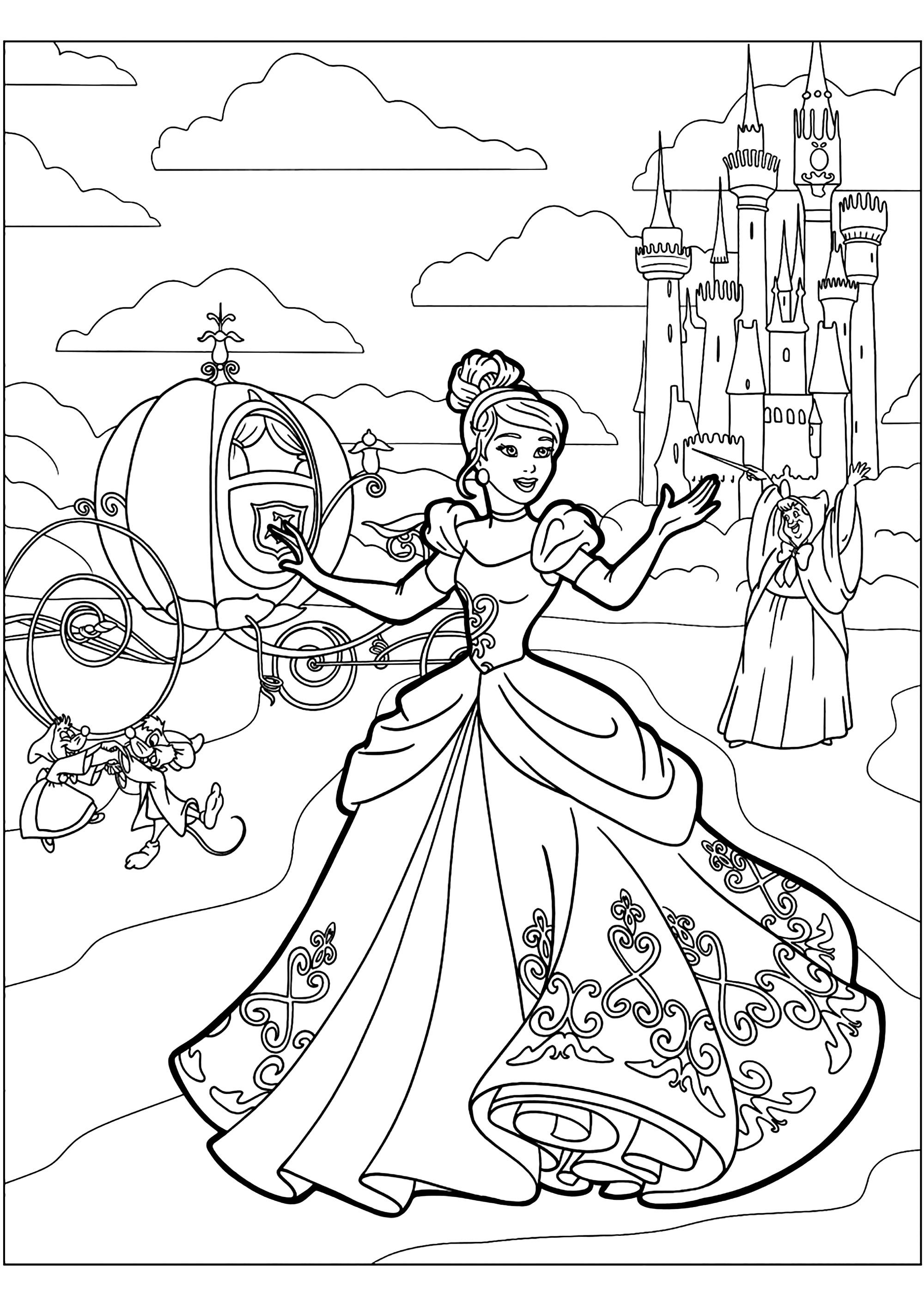 Cinderella coloring page, with the Prince's castle in the background and the fairy godmother.