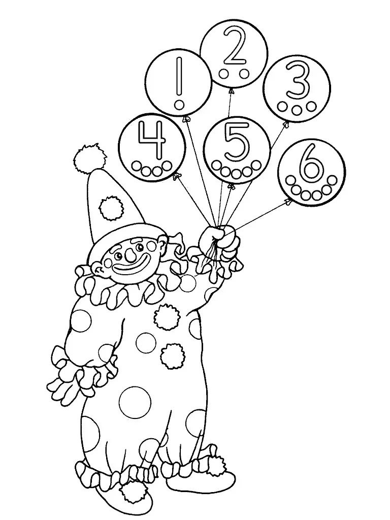 Clown and balloons with numbers (Printable Circus Coloring Page for Kids)