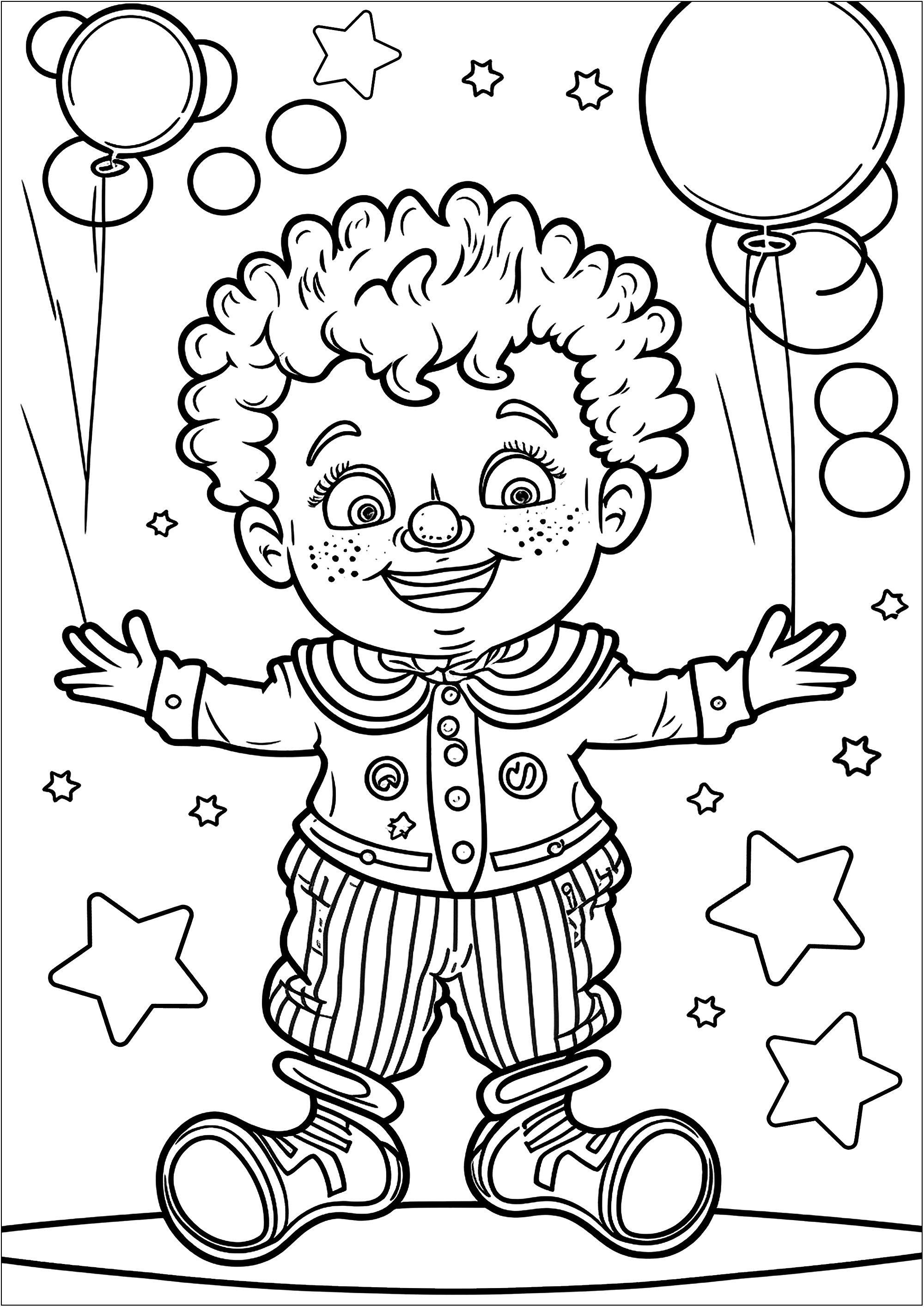 Young clown and his balloons. This friendly clown is shown with a big smile and an outfit full of details to color. He is playing with several balloons.Don't forget to color his clown nose (in red of course) to add a touch of fun to this beautiful circus-themed coloring page.