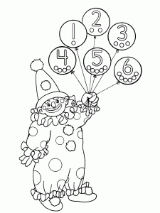Printable Coloring Page for Kids : Clown and balloons with numbers