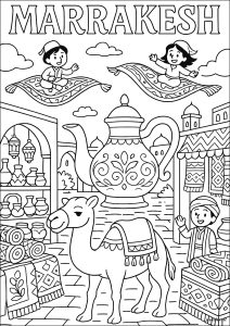 Marrakeh (Morocco): Carpets, camels and mint tea (Cities Coloring Page)