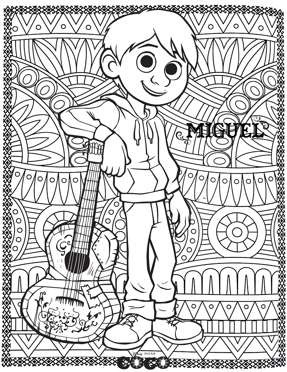 Miguel Rivera with patterns in background - Coco Kids Coloring Pages