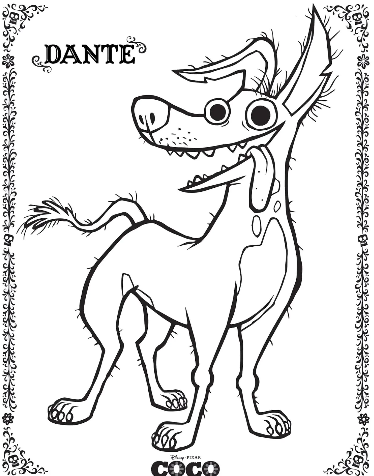 Dante with patterns in background (Printable Coco Coloring Page for Kids)
