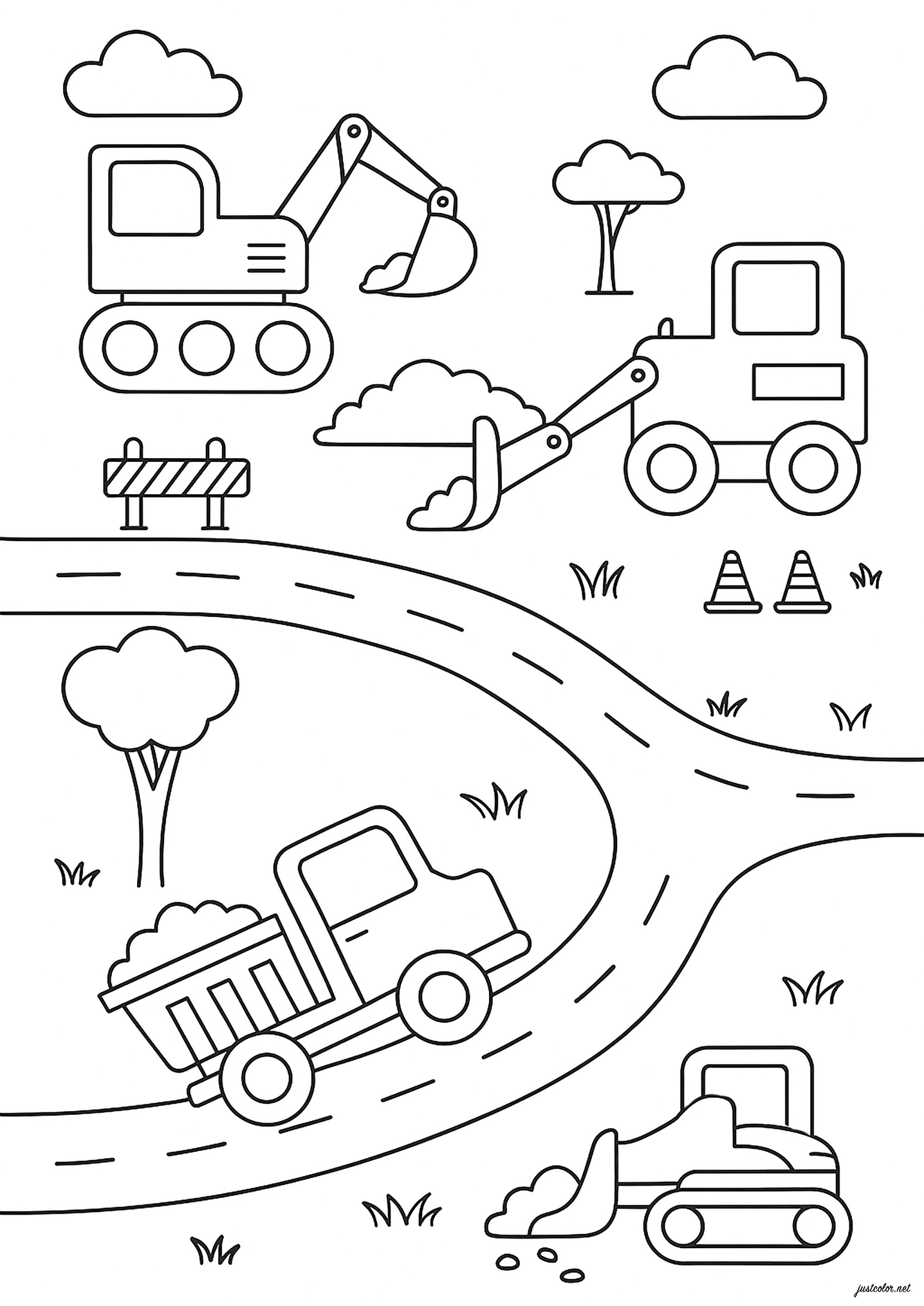 Five construction machines (Printable Construction and site works Coloring Page for Kids)