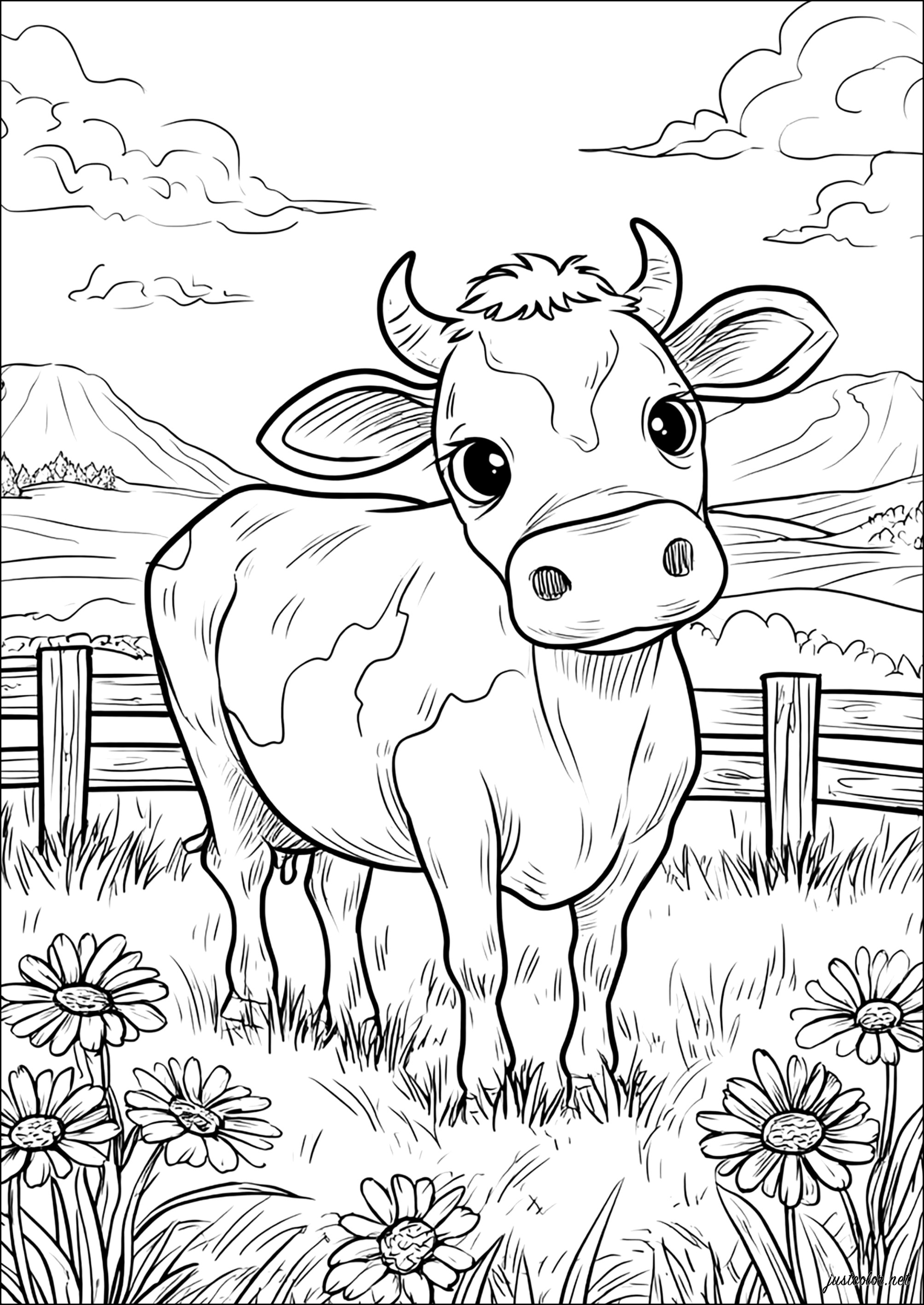 Sweet cow in a flowery meadow (Printable Coloring Page for Kids)