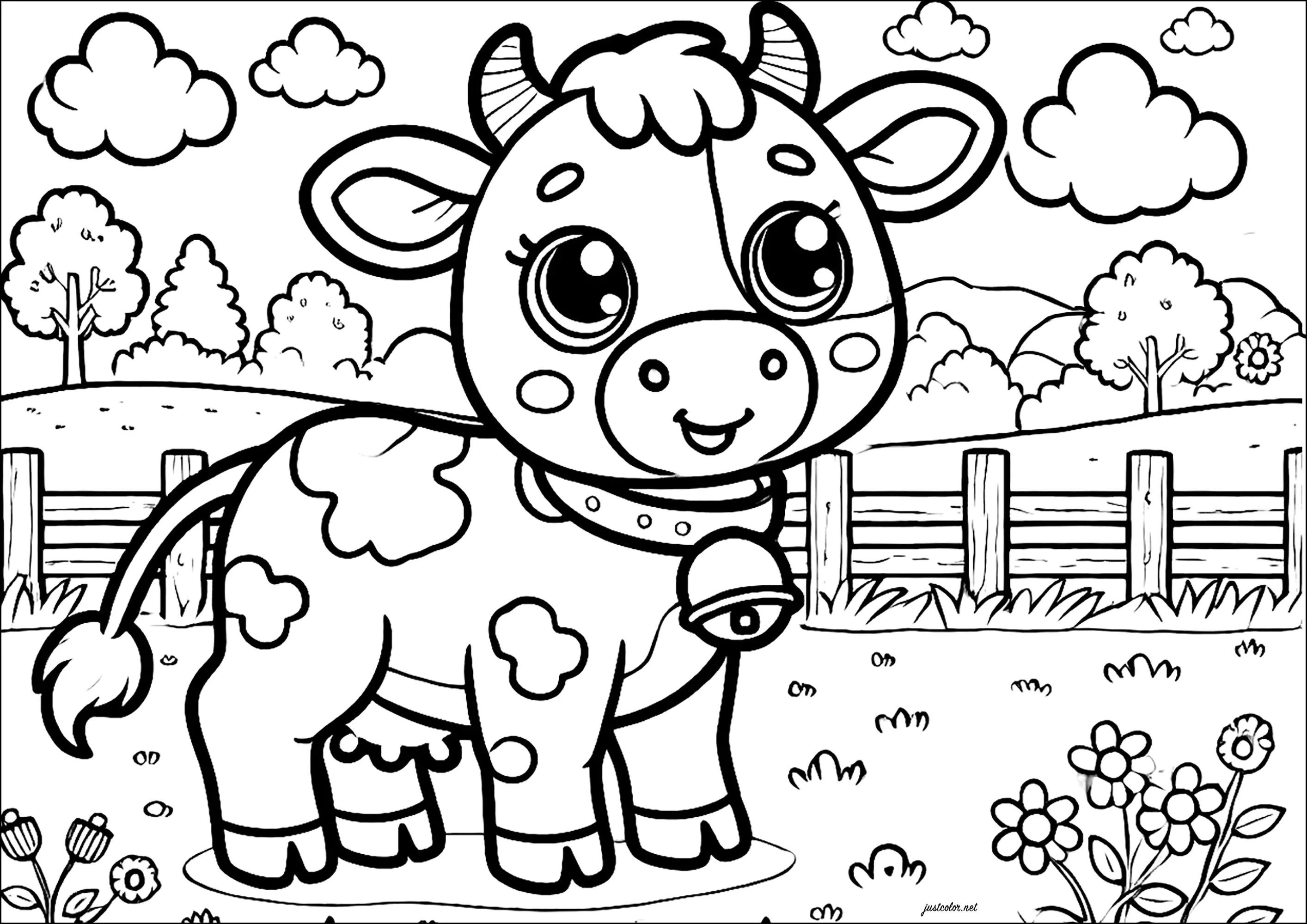 Pretty cow in a meadow (Printable Coloring Page for Kids)