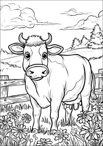 A peaceful cow on the prairie (Coloring Page)