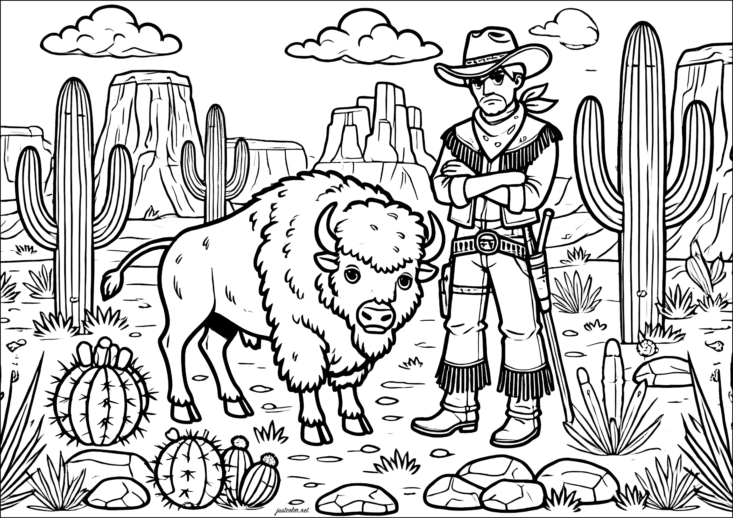 Far West: Cowboy and buffalo in the American desert (Printable Cow-boys Coloring Page for Kids)