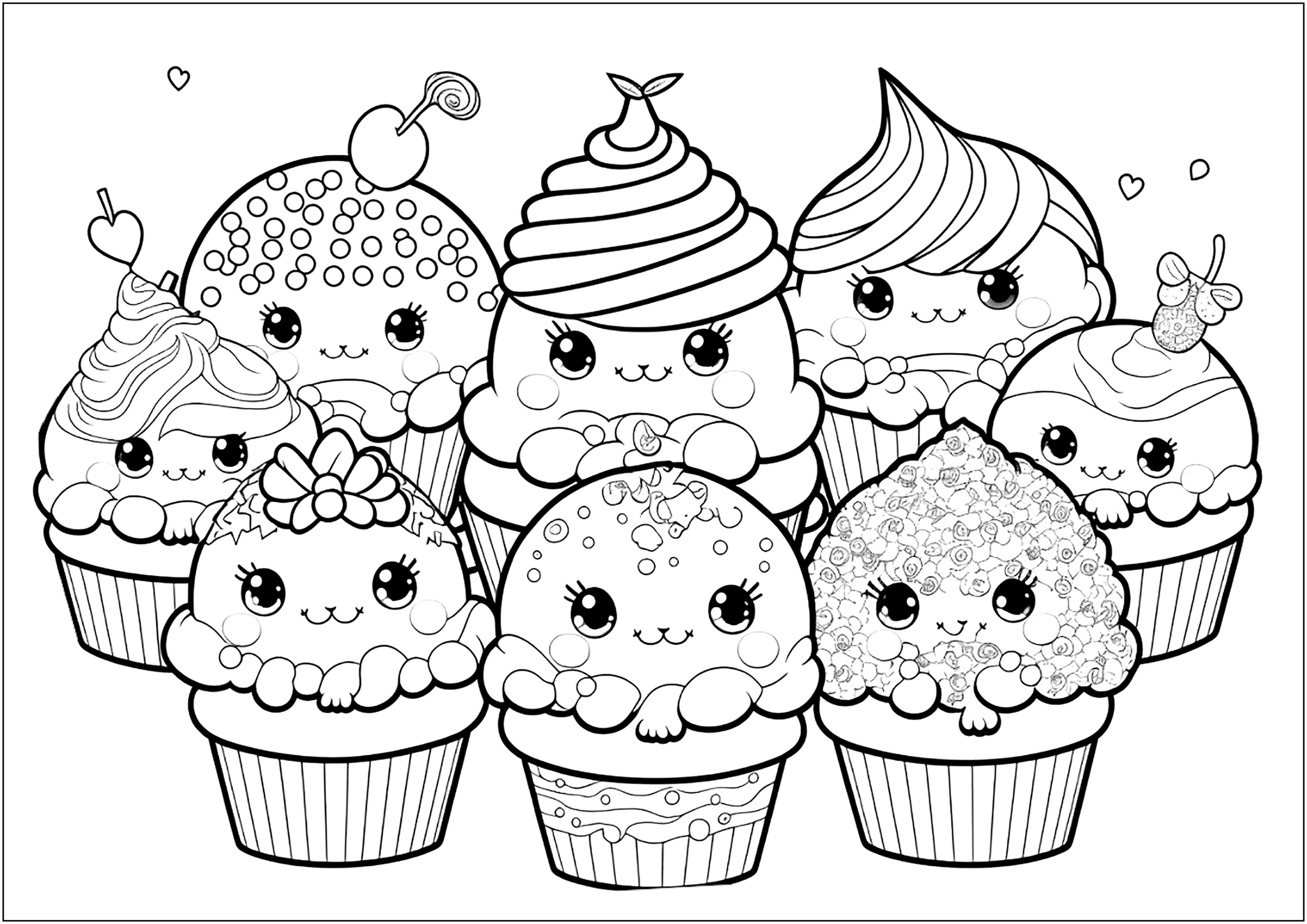 Funny cute cupcakes with smiling faces, inspired by Kawaii characters