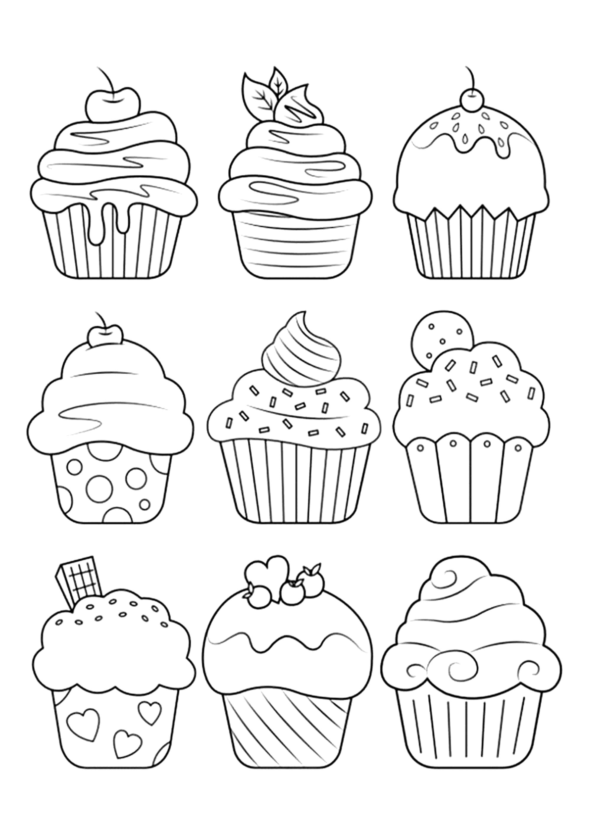 Nine pretty cupcakes to color