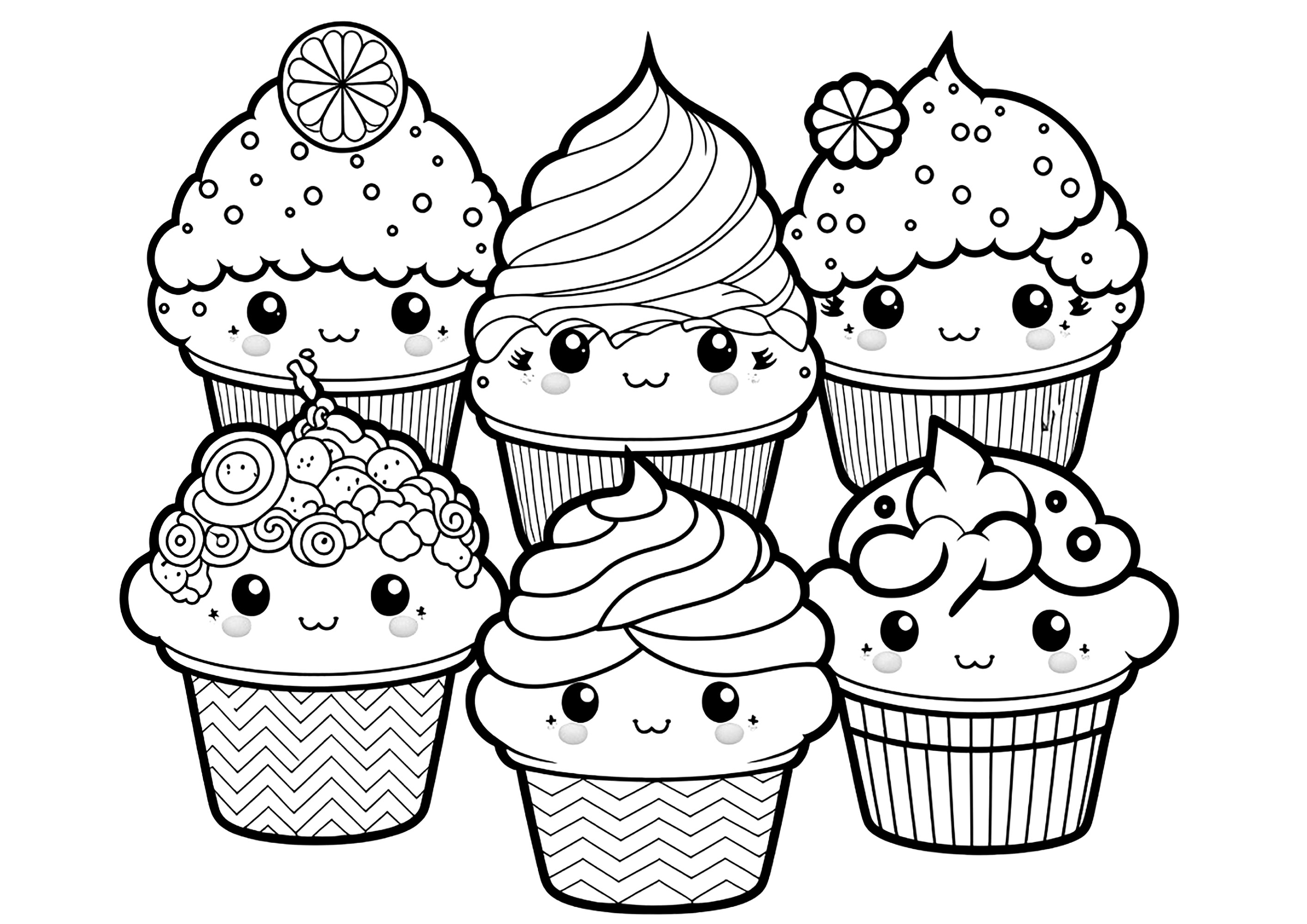 Six cupcakes, simple to color, drawn with the Kawaii style