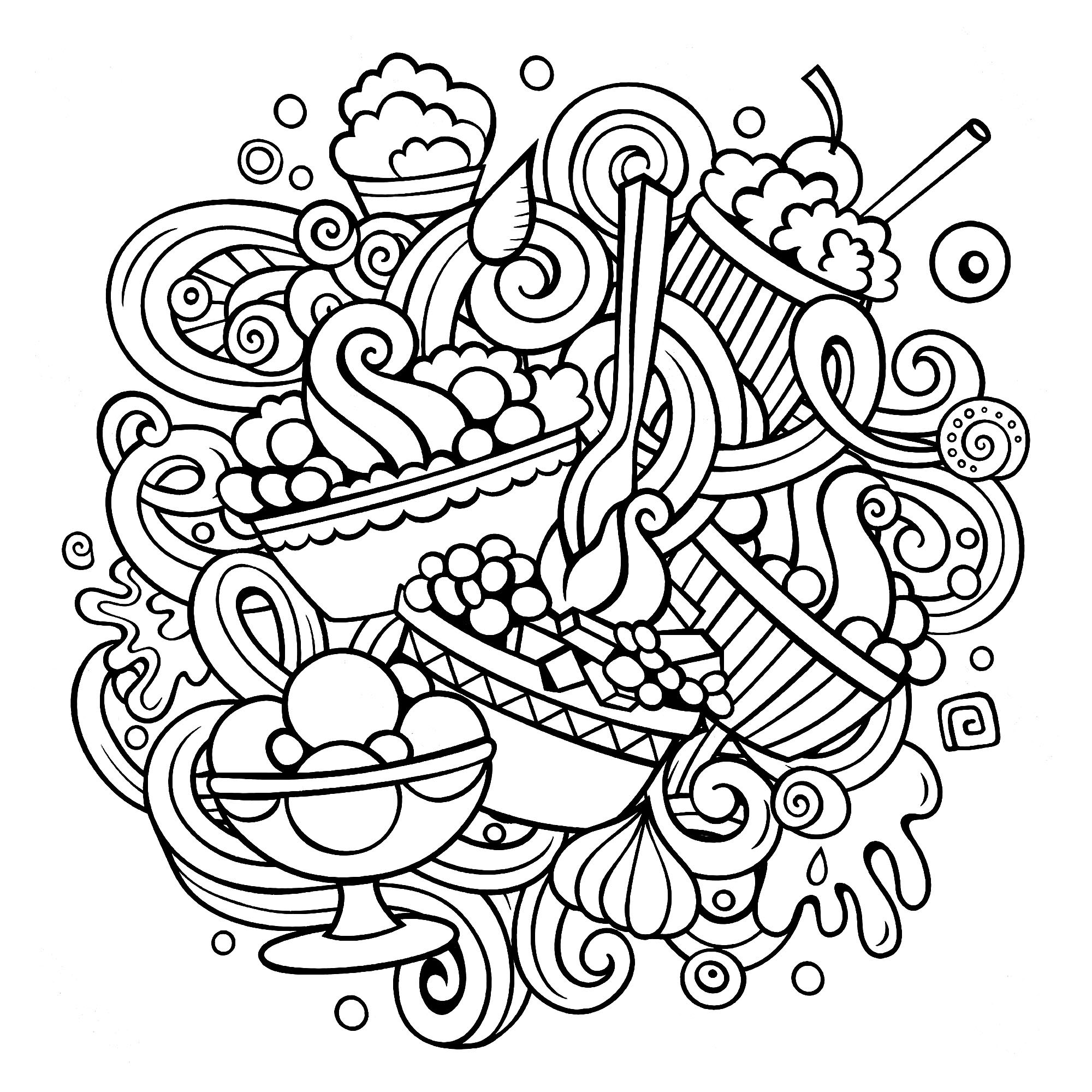 A Doodle-style drawing with many delicious-looking pastries