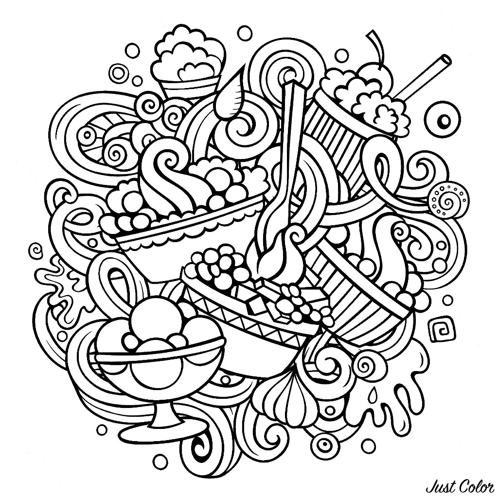 A Doodle-style drawing with many delicious-looking pastries