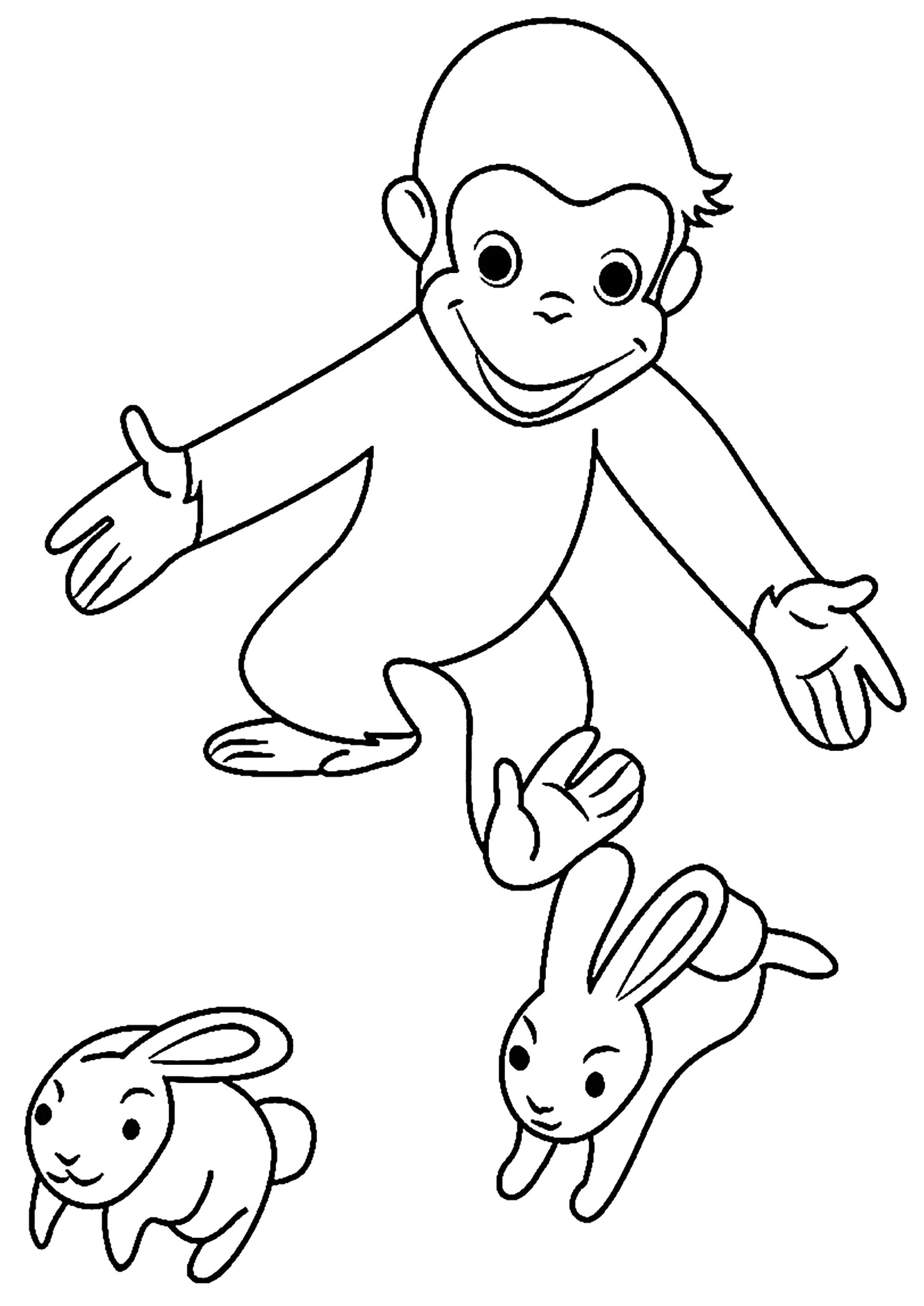 George and two little rabbits (Printable Curious George Coloring Page for Kids)