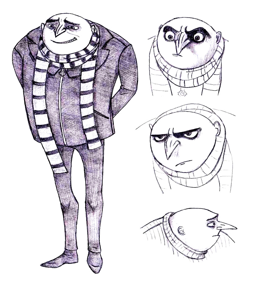 Sketch of Gru: In full, and three facial expressions. To reproduce or color