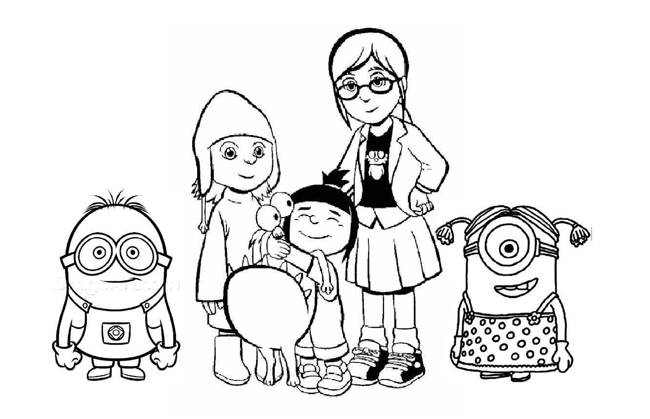 Gru's daughters (Margot, Edith and Agnes) surrounded by 2 minions, to color!