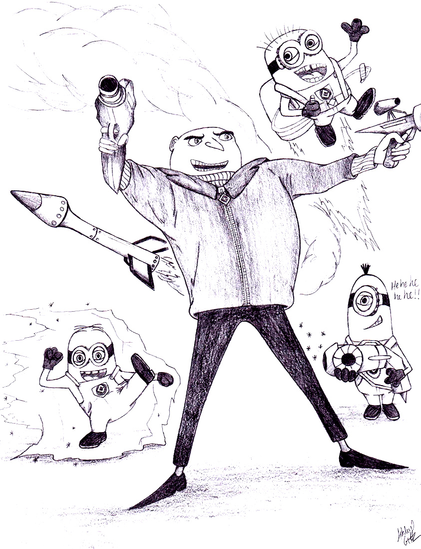 Drawing of Gru with minions, to use as inspiration or to color