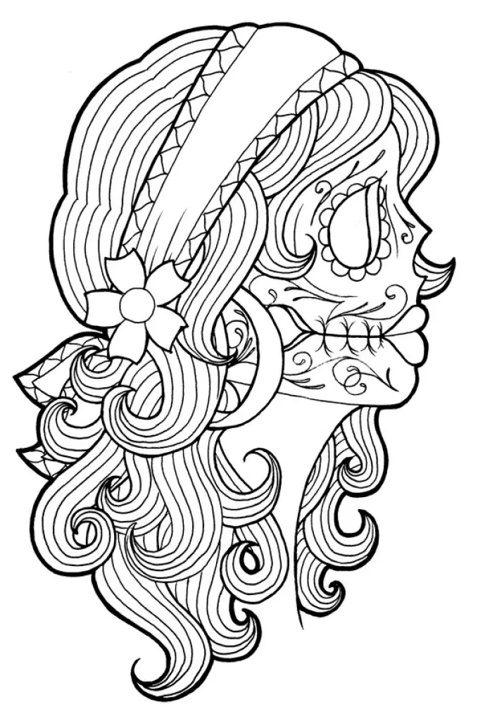 Female face in profile (Printable Dia De Los Muertos (Day Of The Dead) Coloring Page for Kids)