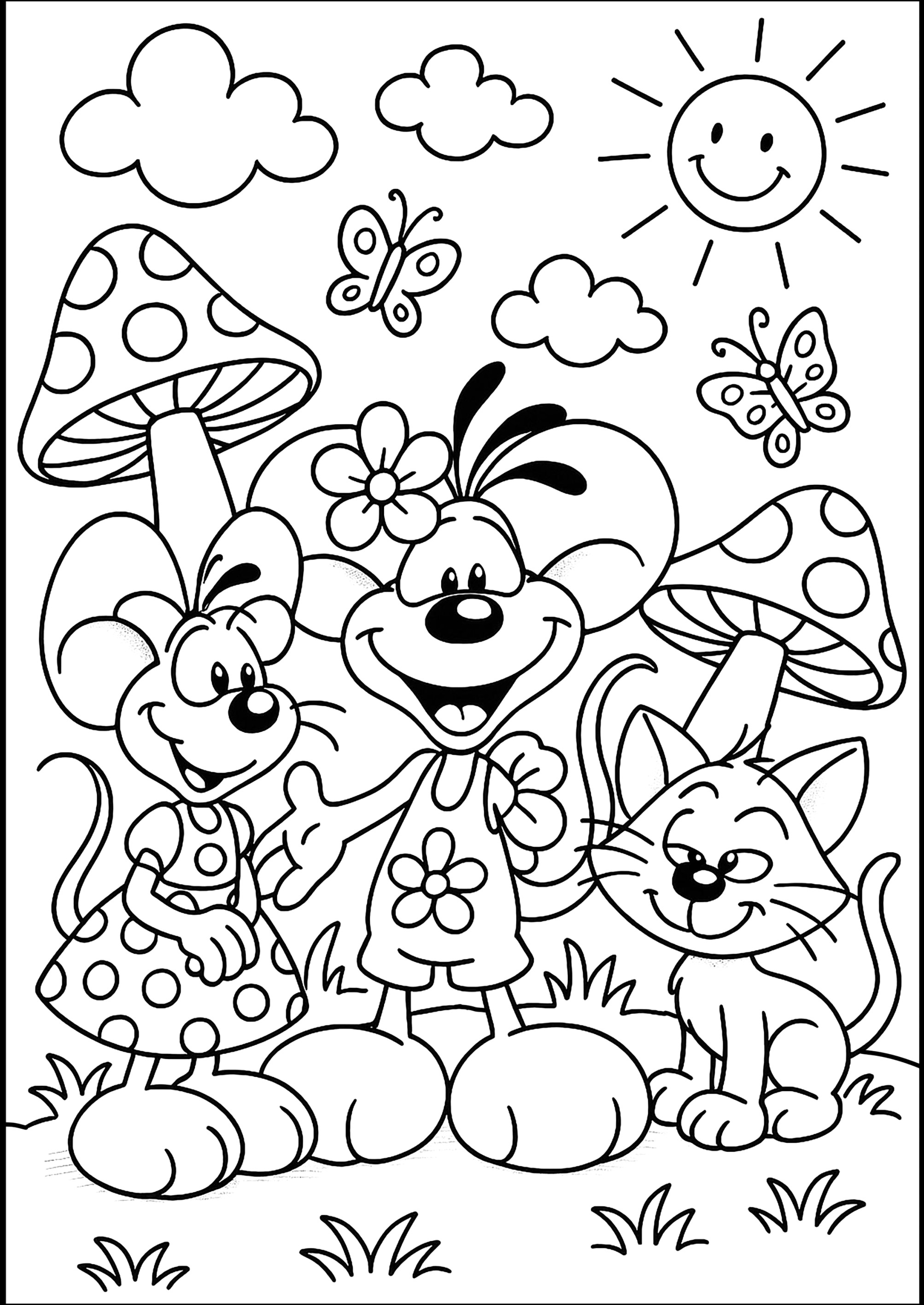 A sunny day with cheerful friends (Printable Diddl Coloring Page for Kids)