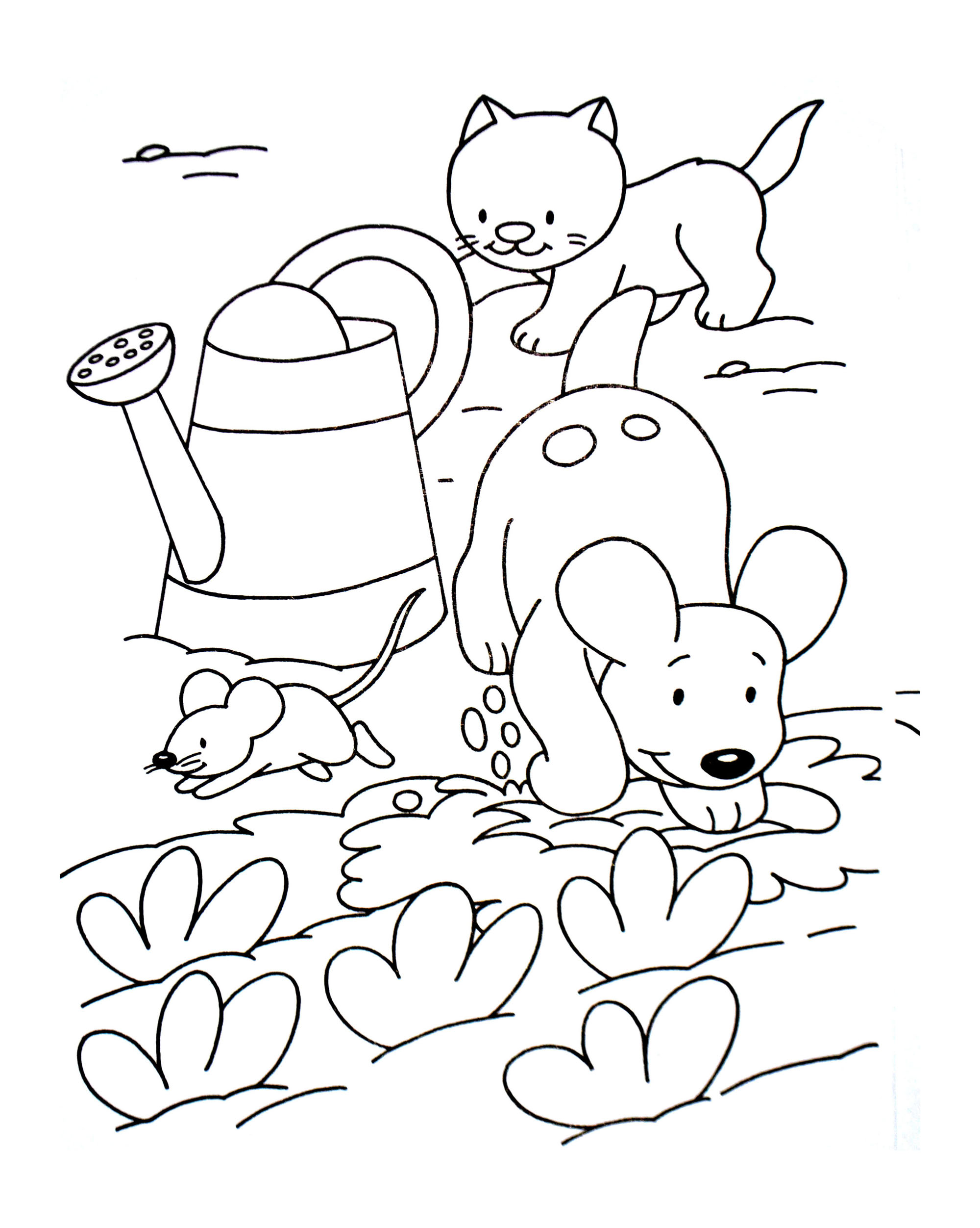 Dogs coloring page to download : Cat & dog with a mouse