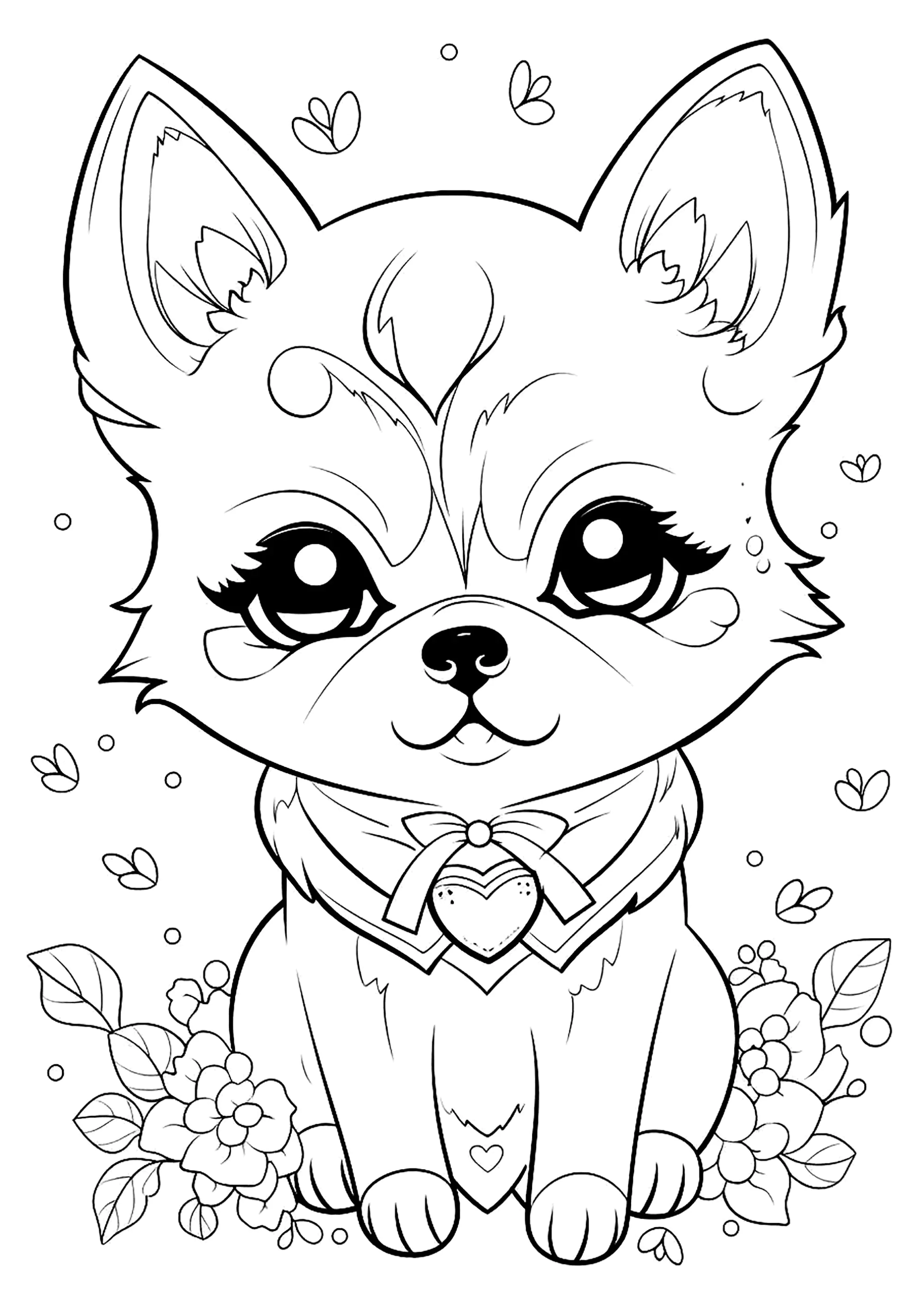 Cute puppy with a few flowers (Printable Dog Coloring Page for Kids)