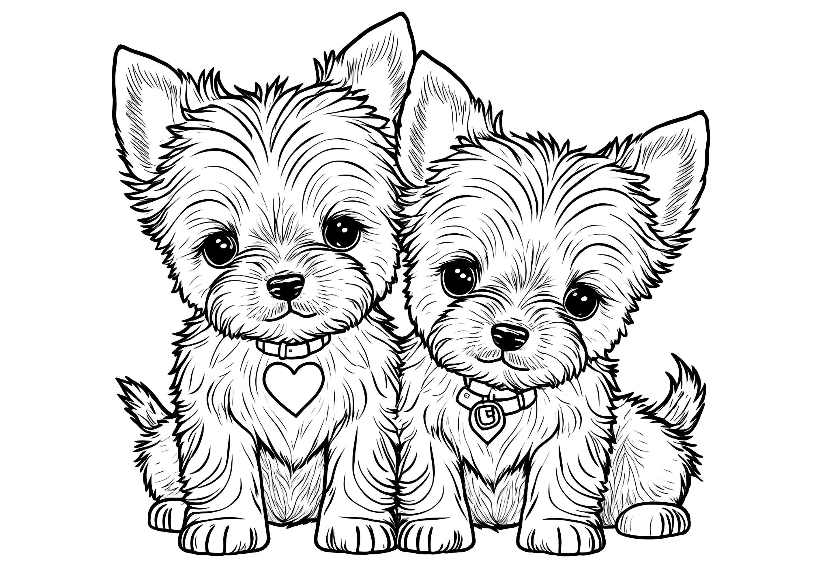 Two cute little puppies to color. The two little puppies pictured in this coloring page are adorable and kids will love coloring them. They can choose their favorite colors for the puppies and their accessories and have fun creating their own unique versions.