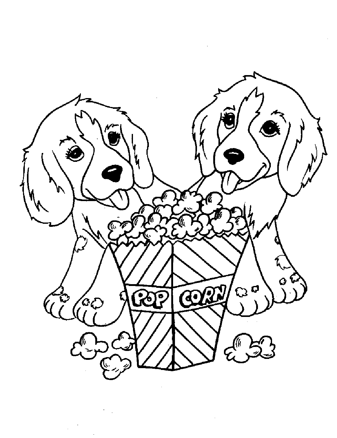 Two dogs eating popcorn. This cute dog coloring is perfect for kids to have fun bringing these two foodies to life.