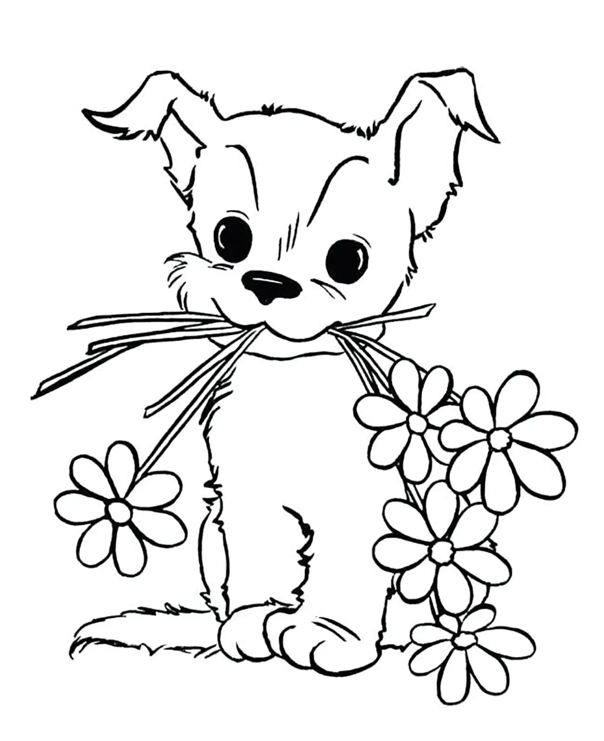 Dog and flowers (Printable Coloring Page for Kids)