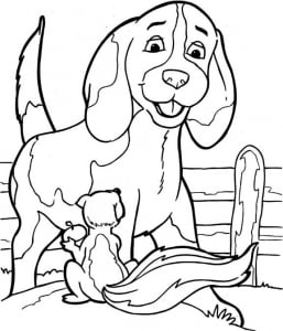 Coloriage chien à télécharger: chien et petit écureuil