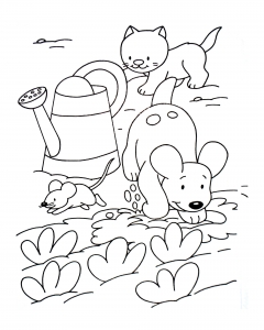 Coloring page dog for children : Cat & dog with a mouse