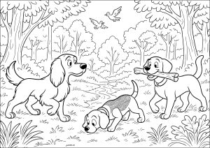 Dog walks in the forest (Coloring Page)