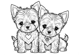 Printable Dog Coloring Page for Kids : Two little puppies