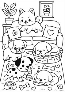 Dogs playing in the living room (Coloring Page)