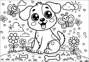 Printable Coloring Page for Kids : Young dog with butterfly and bones