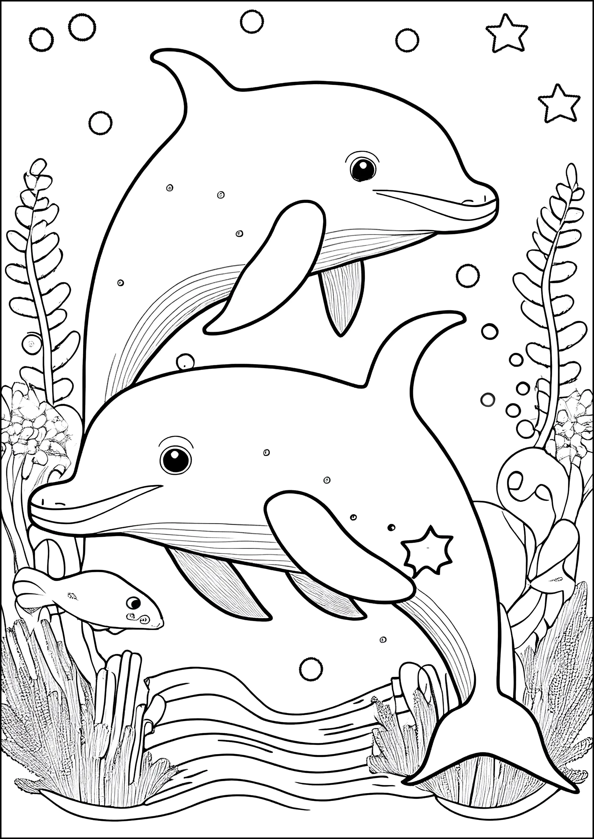 Two dolphins on the seabed (Printable Coloring Page for Kids)