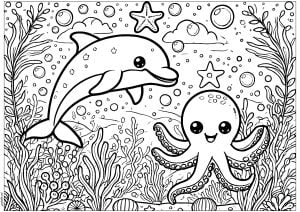Printable Coloring Page for Kids : Dolphin and his octopus friend