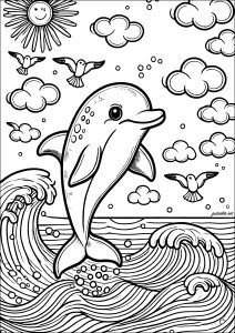 Printable Coloring Page for Kids : Magnificent dolphin emerging from the ocean