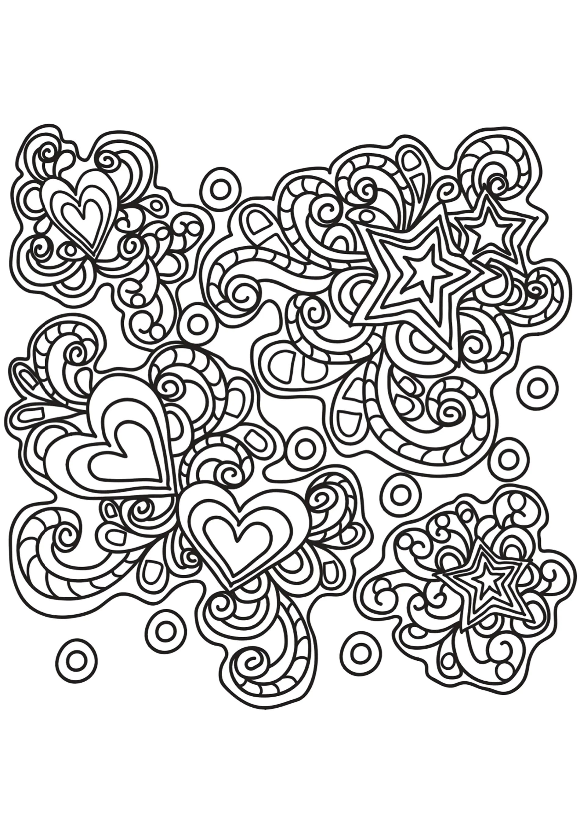 Doodle with hearts and stars (Printable Doodle Art Coloring Page for Kids)