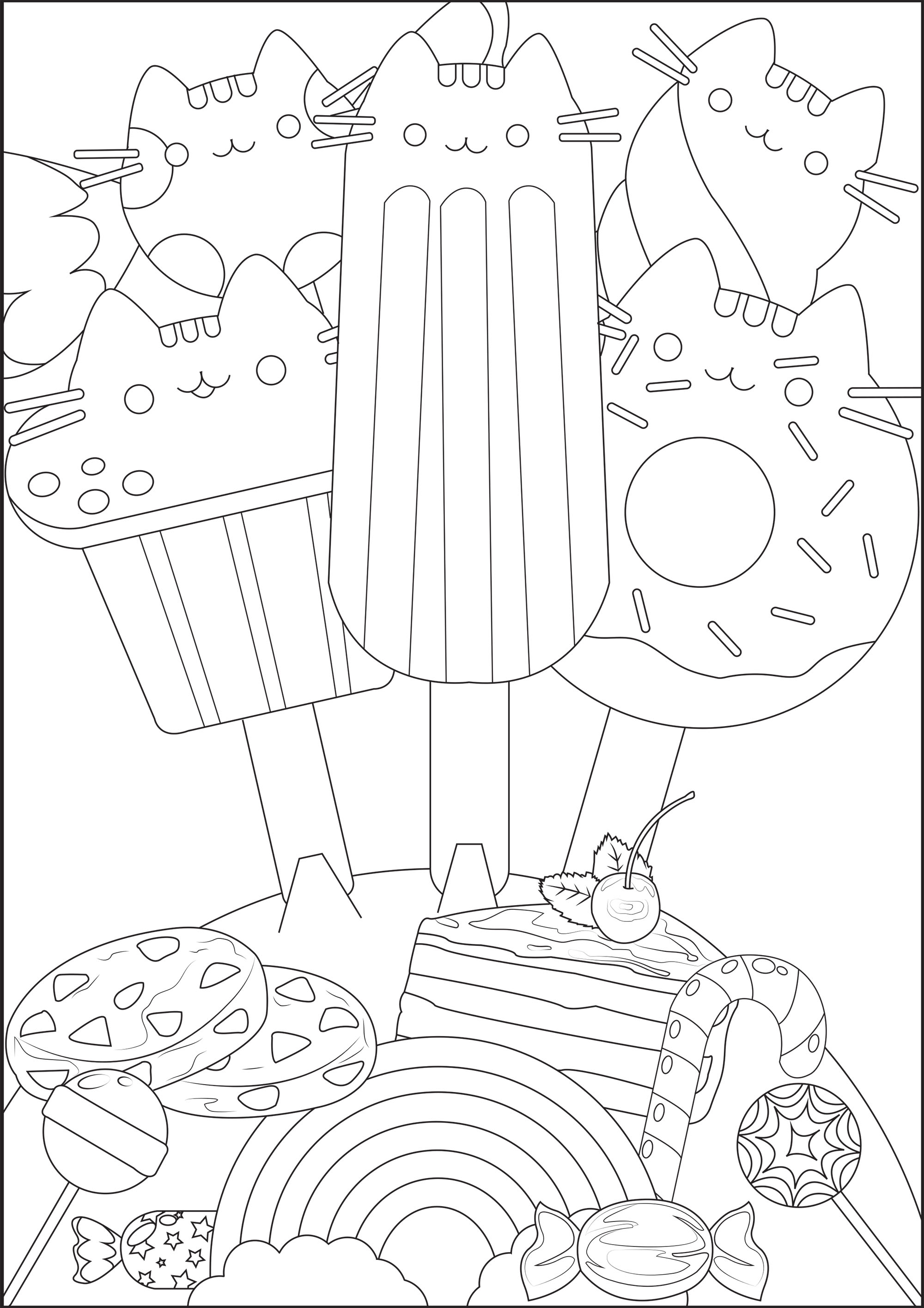 Color these pretty ice creams with Pusheen heads, cakes and other candies, Artist : Caillou