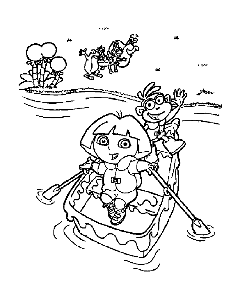 Dora and Babouche are in a small rowing boat. Their friends are patiently waiting for them on the shore