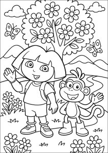 Dora and her friend in the enchanted forest (Dora The Explorer Coloring Page)
