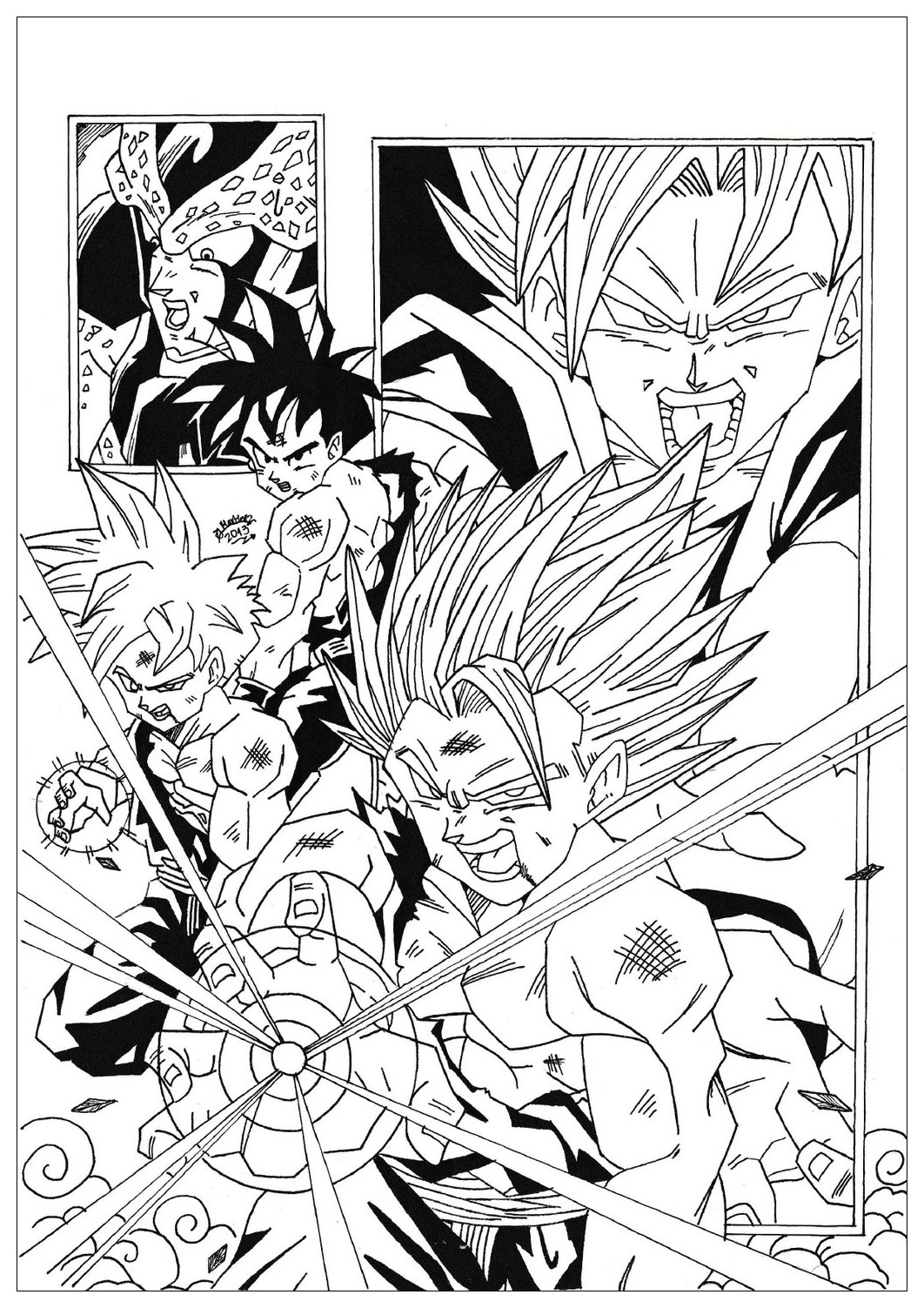 Free Dragon Ball Z coloring page to print and color : Cell against Songoku and Songohan