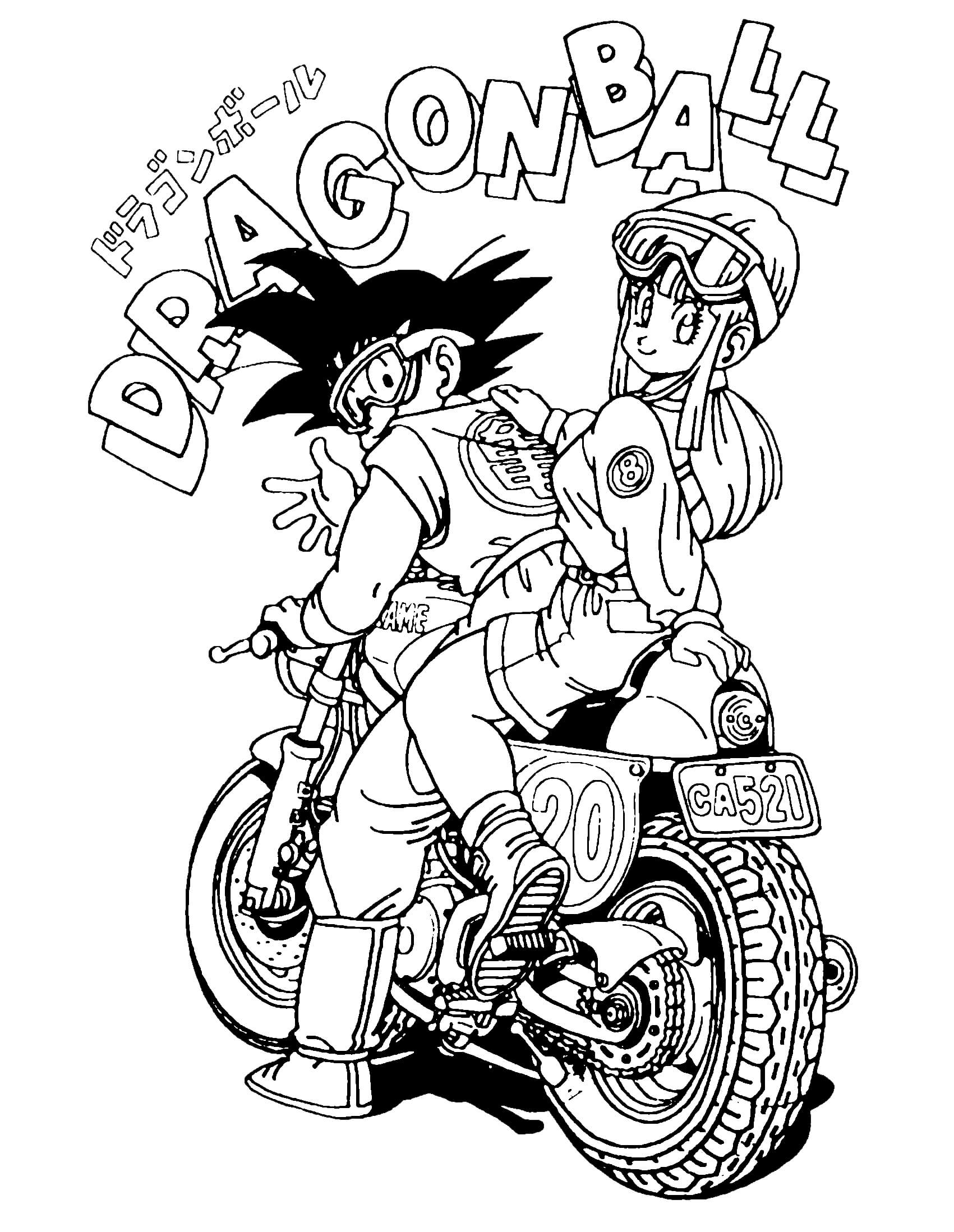 Free Dragon Ball Z coloring page to print and color : Songoku and Bulma on motorbike