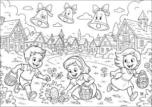 Collecting Easter eggs, with bells in the sky (Coloring Page)